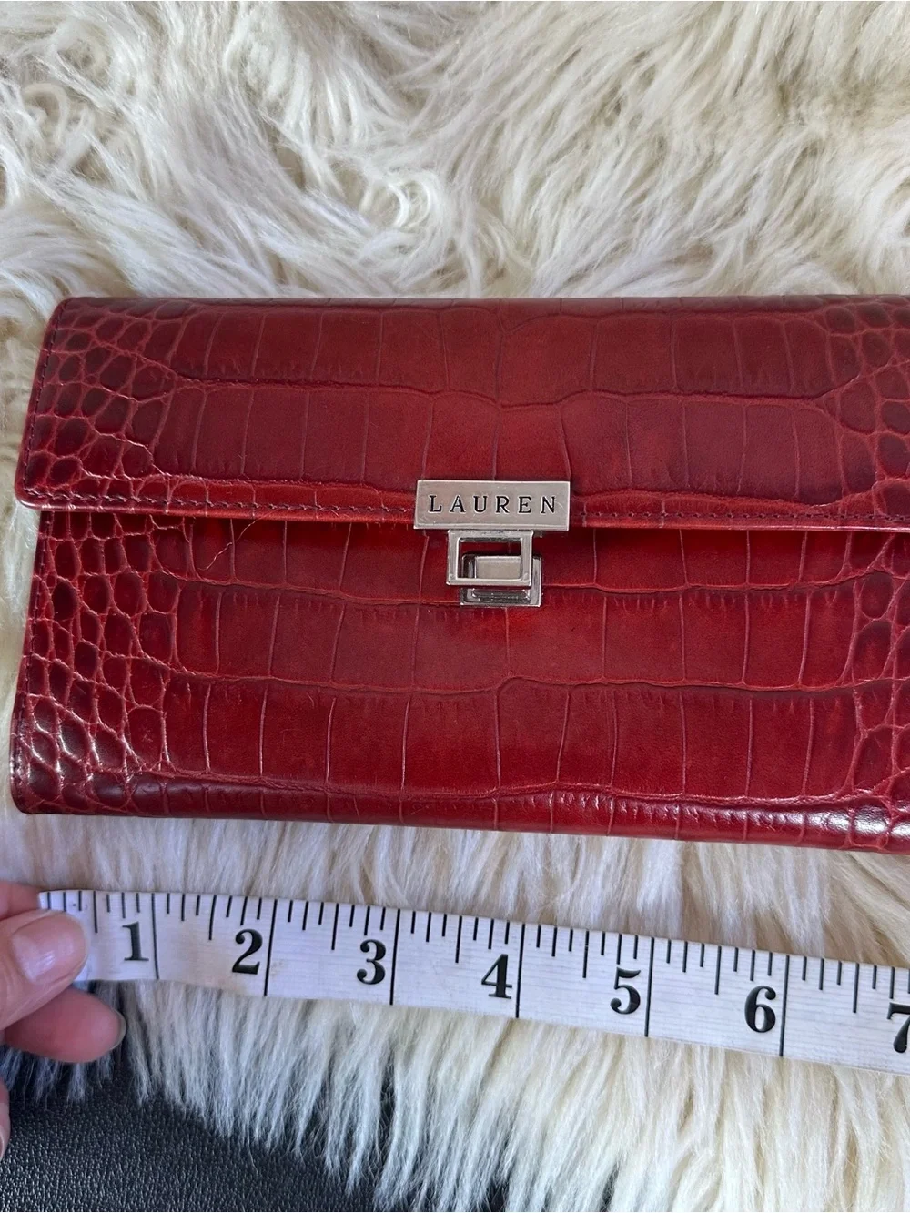 Lauren Ralph Lauren Burgundy Croc-Embossed Wallet with Silver Logo